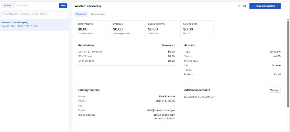 A customer record showing receivables, account terms, primary contact and vehicles