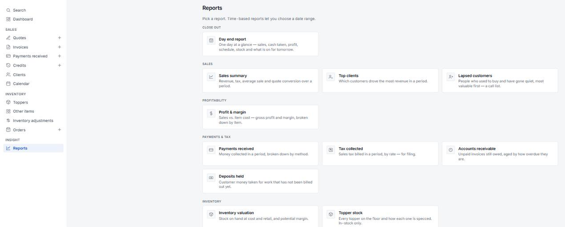 The reports screen, grouped into close out, sales, profitability, payments and tax, and inventory