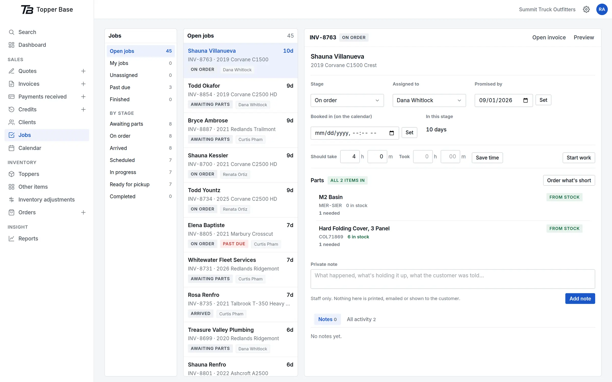 The job queue: saved views, the list, and one job open beside it